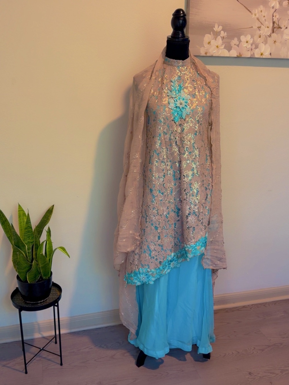Beige Lace and Aqua Kurta Set